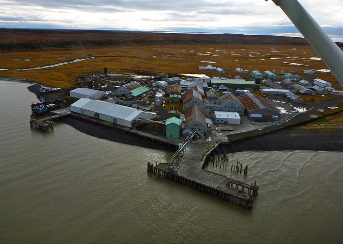 Flying over the cannery at Ekuk, Alaska